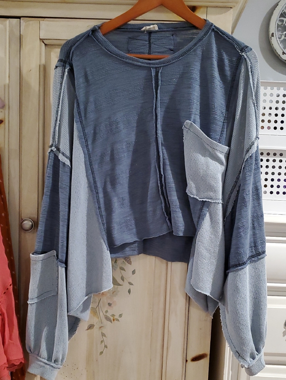POL Slate And Baby Blue Color Block Textured Ribbed Top Pockets Shrug Sleeves